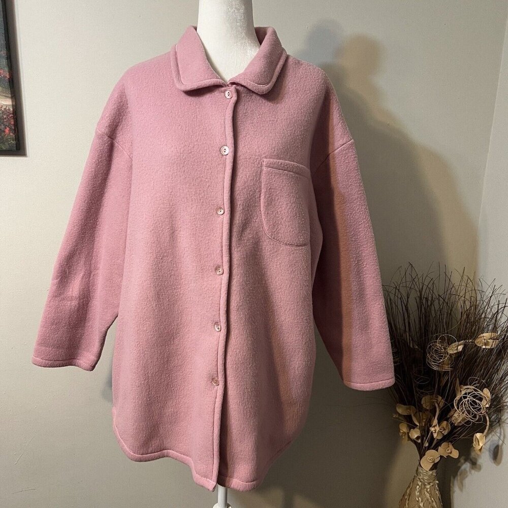 Vtg Leisure Wear By Adonna Pink Button Down Long Sleeve Top Fleece Tunic Size L